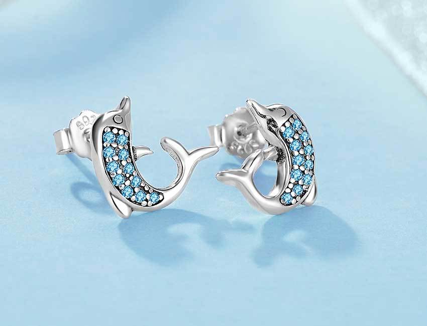 Blue Cubic Zirconia Delphin 925 Sterling Silber Bolder Ohrringe