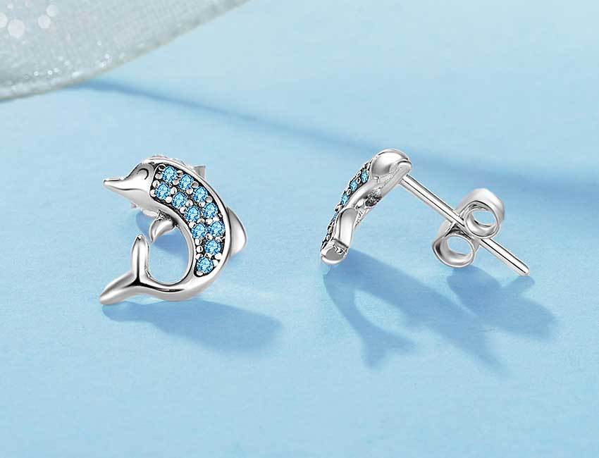 Blue Cubic Zirconia Delphin 925 Sterling Silber Bolder Ohrringe