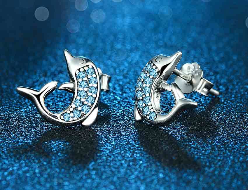 Blue Cubic Zirconia Delphin 925 Sterling Silber Bolder Ohrringe