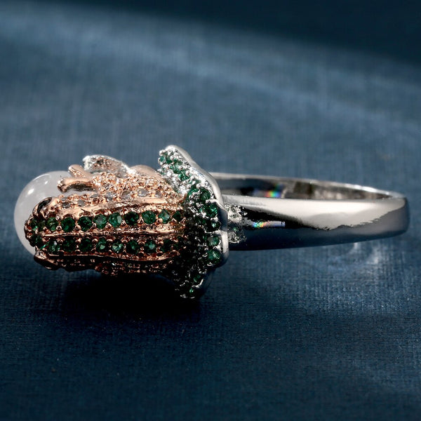 Rhodium Plattierter Österreichischer Kristallfrosch Mit Perlendesignring