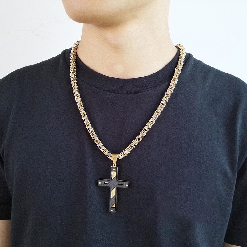 Gebetskreuzanhänger Des Schwarzen Gold  Lordkette Mit Byzantinischer Linkkette Halskette