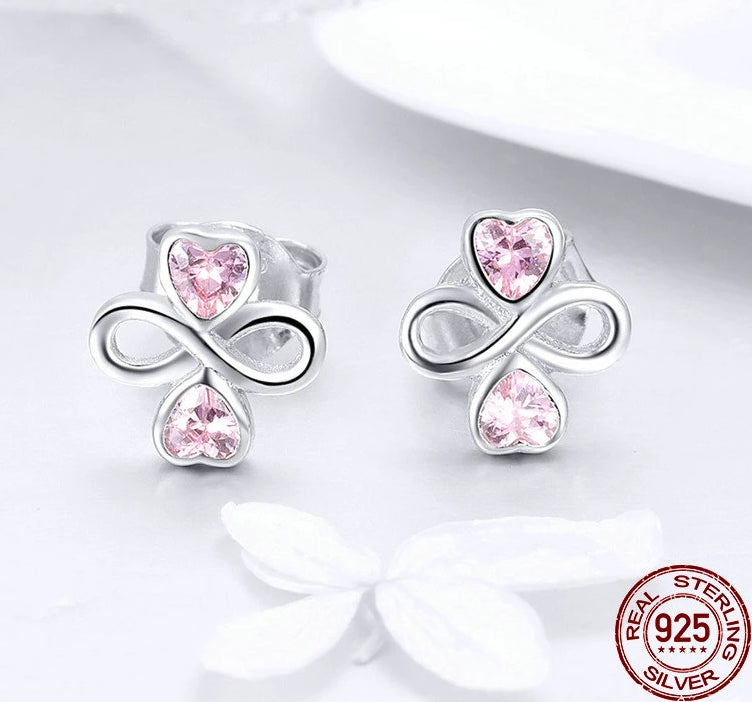 925 Sterling Silber Infinite Heart Clover Mit Rosa Kubikzirkonia  Bolzenohrringen