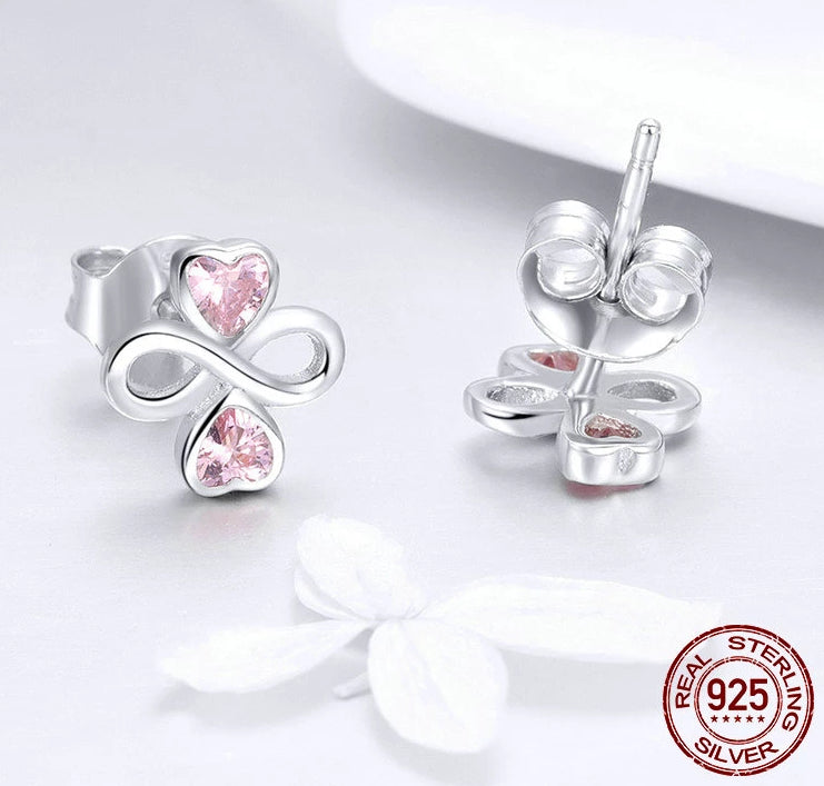 925 Sterling Silber Infinite Heart Clover Mit Rosa Kubikzirkonia  Bolzenohrringen