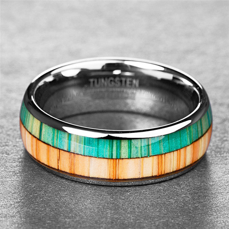 Wolfram  Carbid  Silberton 8mm Ring Mit Orange Und Grüner Linie Holzmuster Inlay
