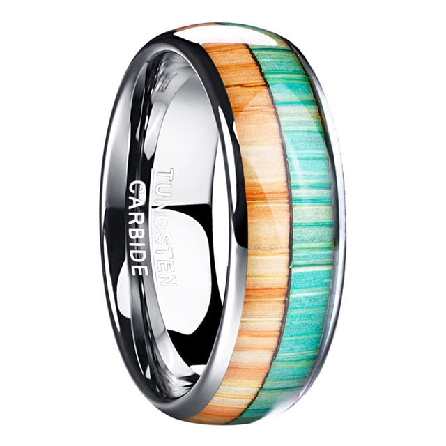 Wolfram  Carbid  Silberton 8mm Ring Mit Orange Und Grüner Linie Holzmuster Inlay