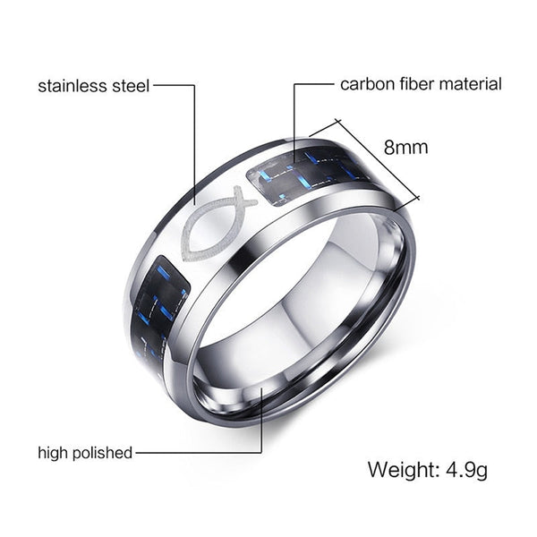 8mm Edelstahl Blau Carbonfaser Jesus Fischring Männer Schmuck