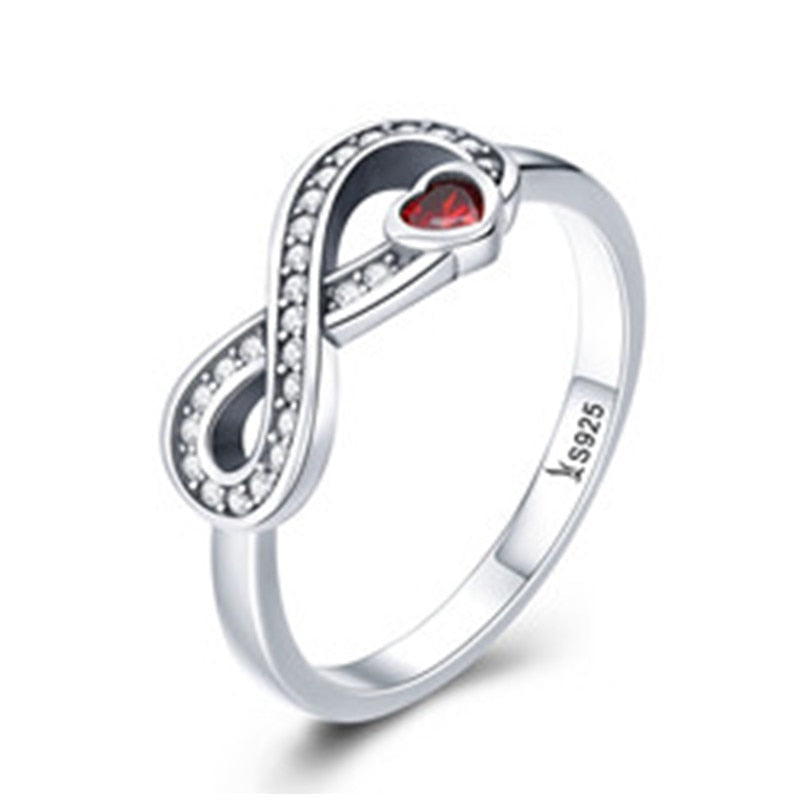 Echter Sterlingsilberring Für Frauen Mit Infinity Symbol Design Quadratische Zirkone Inlay Und Zentraler Roter Herz Zirkon