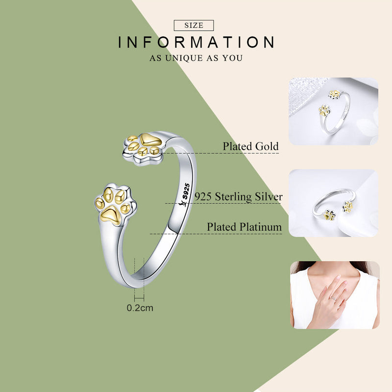 925 Sterling Silber Gold Paw Print Verstellbarer Ring Frauen S Schmuck