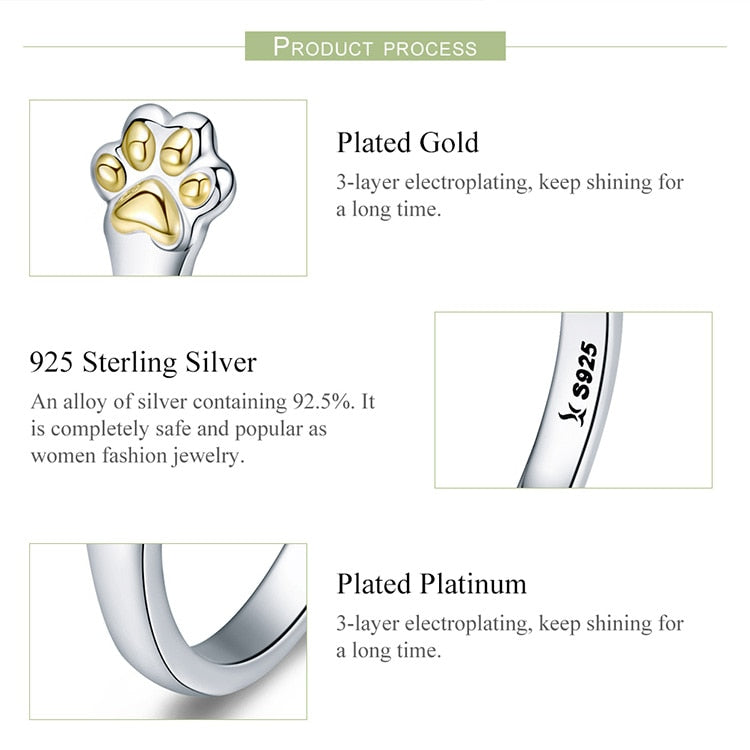 925 Sterling Silber Gold Paw Print Verstellbarer Ring Frauen S Schmuck