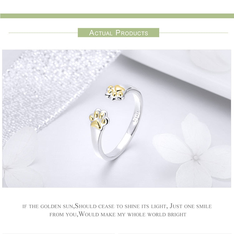 925 Sterling Silber Gold Paw Print Verstellbarer Ring Frauen S Schmuck