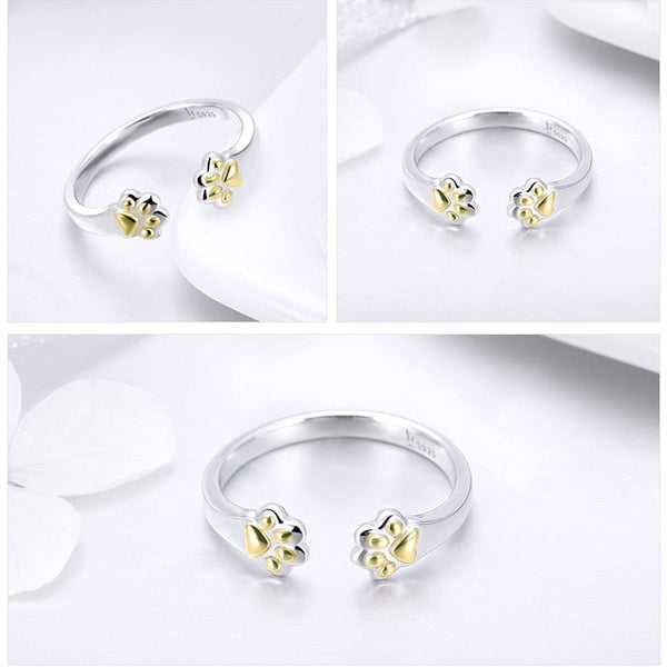 925 Sterling Silber Gold Paw Print Verstellbarer Ring Frauen S Schmuck