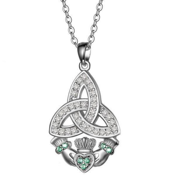 925 Sterling Silber Triquetra Grüne Claddagh Herzkubikzirkonias Anhänger Halskette