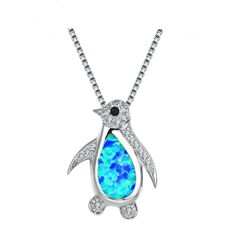 925 Sterling Silber Cubic Zirkon Und Opal  Pinguin  Halskette