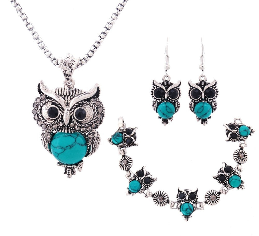 Boho Owl Halskette Armband Ohrringe Hochzeitsfeier Schmuck Set