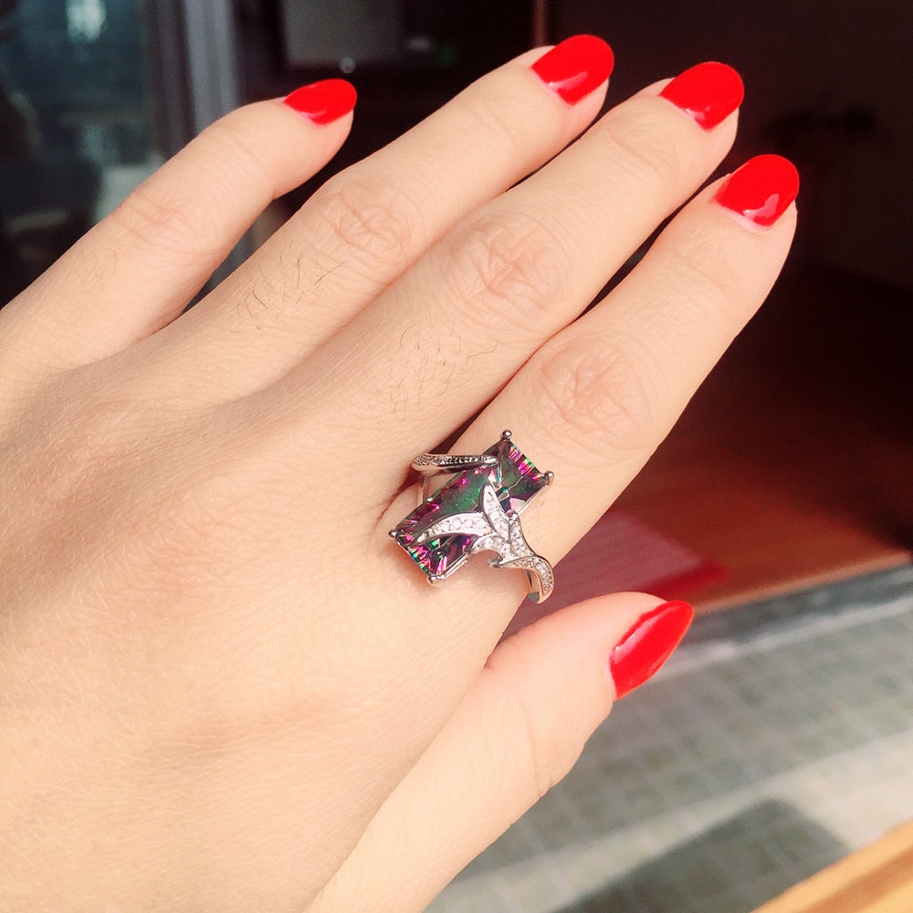 Bohemian Style 18mm Silberplattierte Verschwenderische Große Regenbogenmystische Steinkristall  Frauen Cocktailring