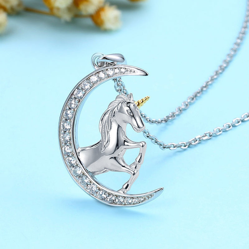 925 Sterling Silber Einhorn Auf Dem Halbmond  Mond Anhänger Halskette