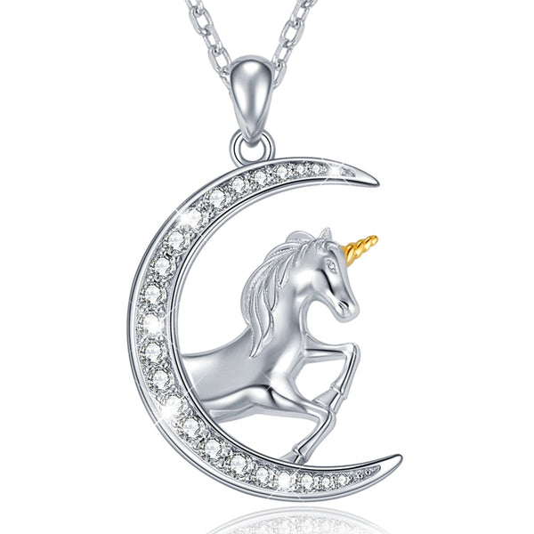 925 Sterling Silber Einhorn Auf Dem Halbmond  Mond Anhänger Halskette