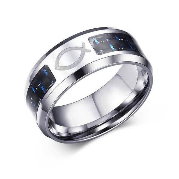 8mm Edelstahl Blau Carbonfaser Jesus Fischring Männer Schmuck