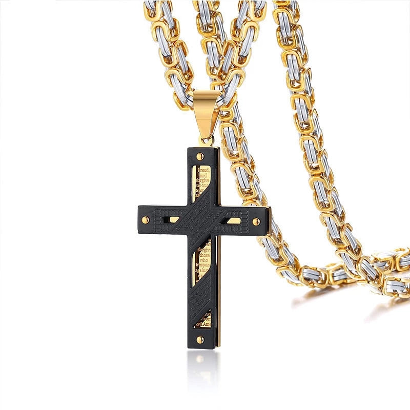 Gebetskreuzanhänger Des Schwarzen Gold  Lordkette Mit Byzantinischer Linkkette Halskette