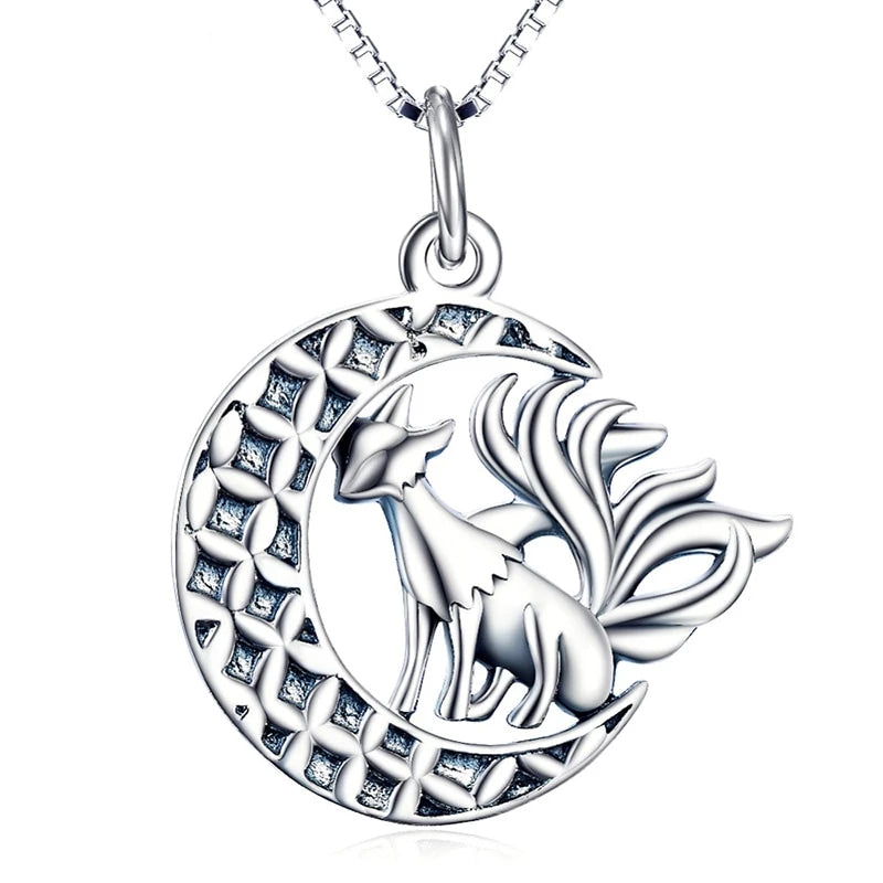925 Sterling Silber Neun Tailed Phoenix Fox Crescent Mond Anhänger Halskette