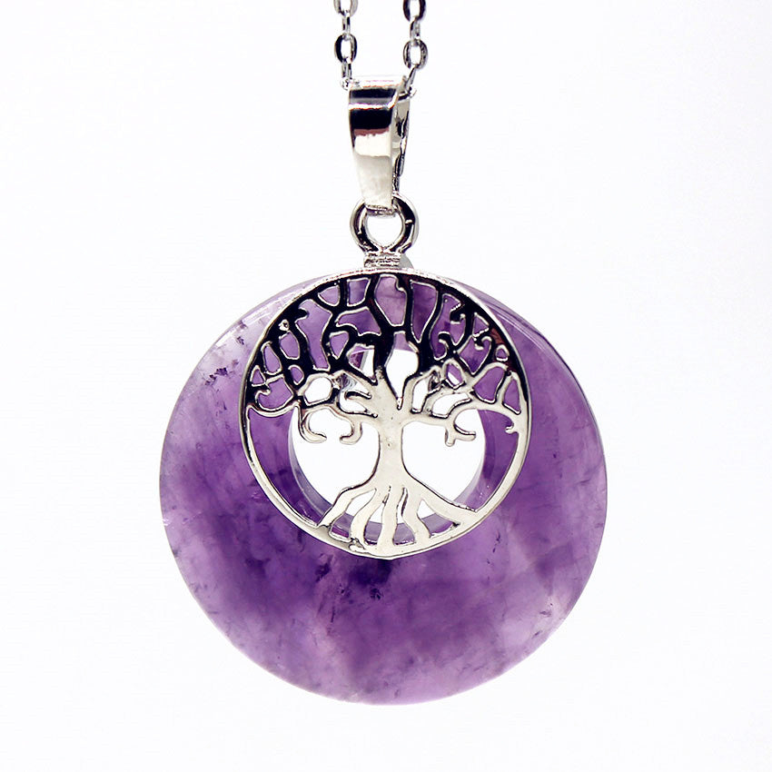 Silberplattierter Baum Des Lebens Lila Amethyste Anhänger Halskette