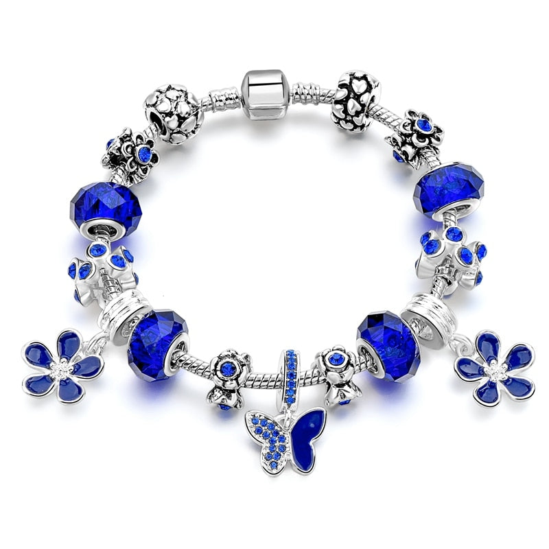 Silberblüten Schmetterlingskristall  Vintage  Charmarmband