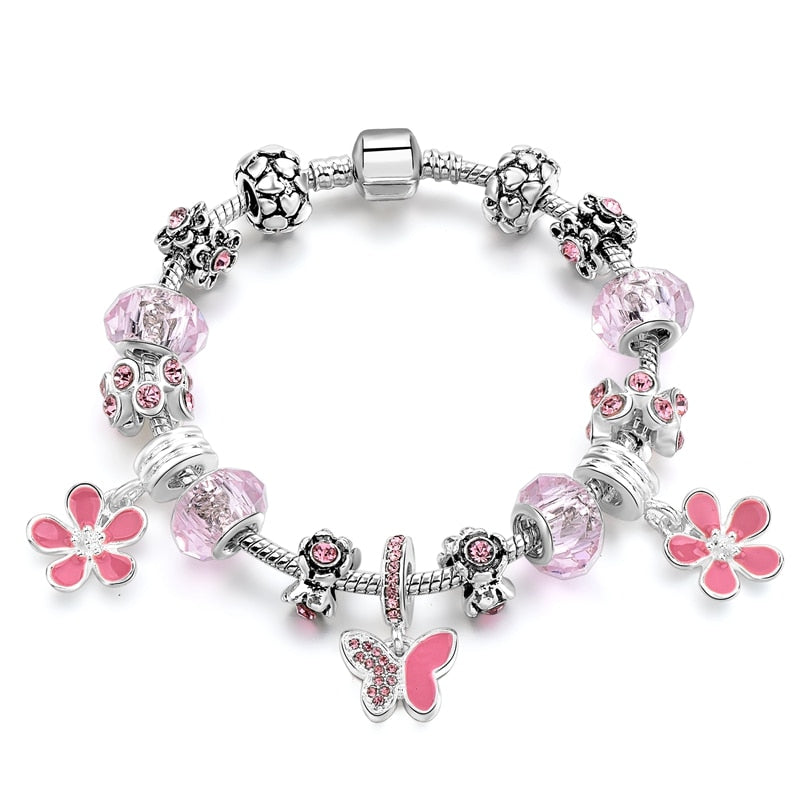 Silberblüten Schmetterlingskristall  Vintage  Charmarmband