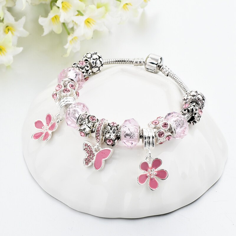 Silberblüten Schmetterlingskristall  Vintage  Charmarmband