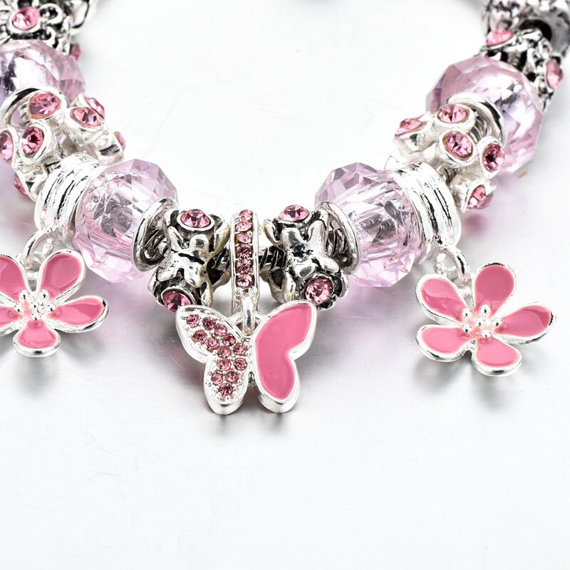 Silberblüten Schmetterlingskristall  Vintage  Charmarmband