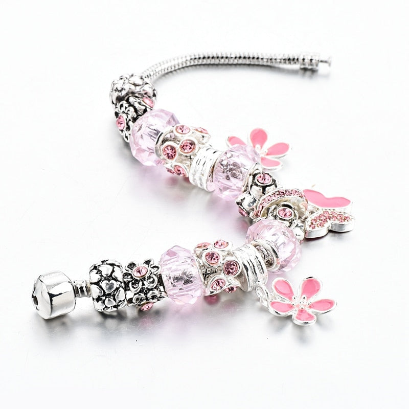 Silberblüten Schmetterlingskristall  Vintage  Charmarmband