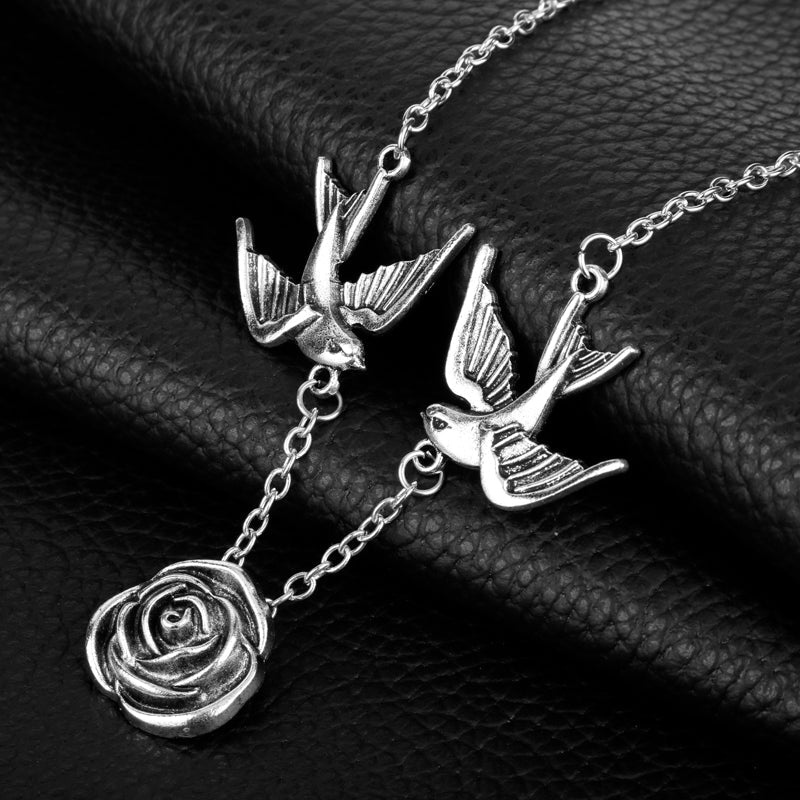Frauen Silberne Rose Und Taube Anhängerkette