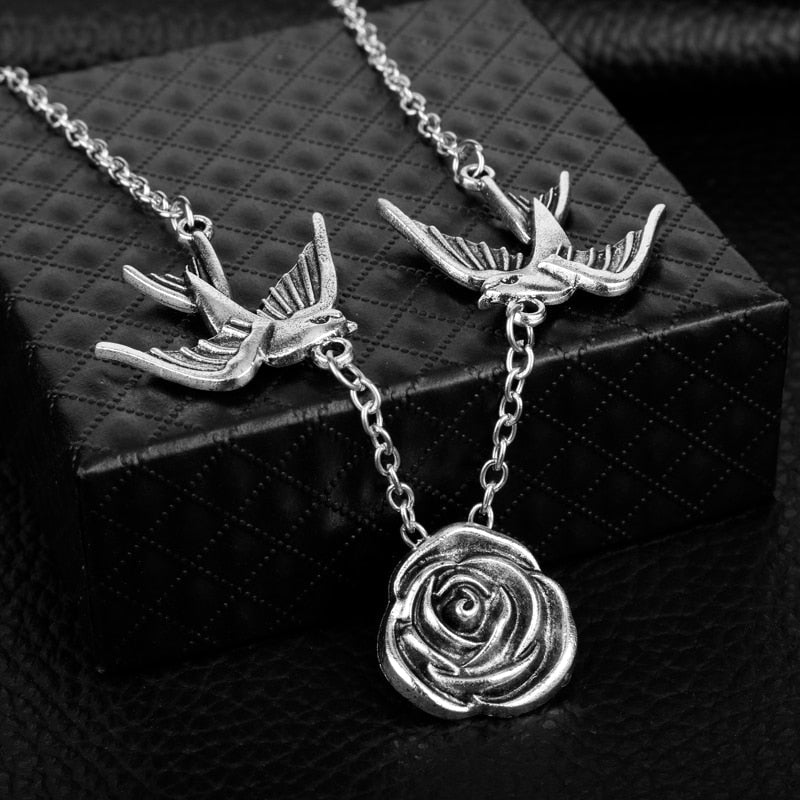 Frauen Silberne Rose Und Taube Anhängerkette