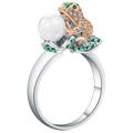 Rhodium Plattierter Österreichischer Kristallfrosch Mit Perlendesignring