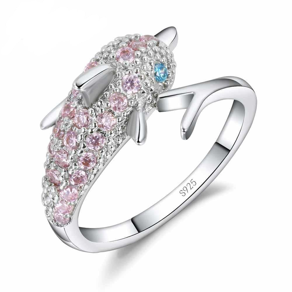 Pink Zirkondelphin  Ring Mit Australischen Blauen Kristallaugen 925 Sterling Silber