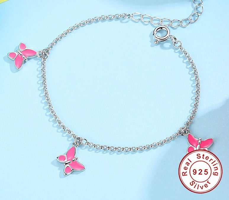 925 Sterling Silber Schöne Rosa Schmetterlingsanhänger Armband
