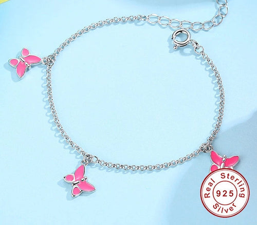 925 Sterling Silber Schöne Rosa Schmetterlingsanhänger Armband
