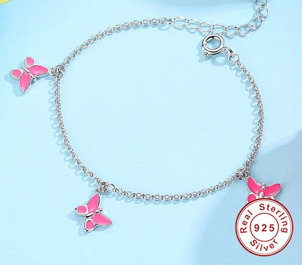 925 Sterling Silber Schöne Rosa Schmetterlingsanhänger Armband