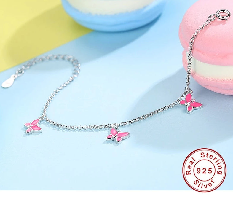 925 Sterling Silber Schöne Rosa Schmetterlingsanhänger Armband