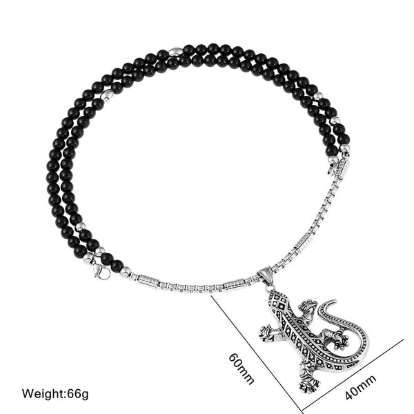 Gecko Eidechse Edelstahl Anhänger Mit Schwarzer Natursteinkette