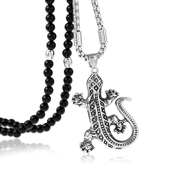 Gecko Eidechse Edelstahl Anhänger Mit Schwarzer Natursteinkette