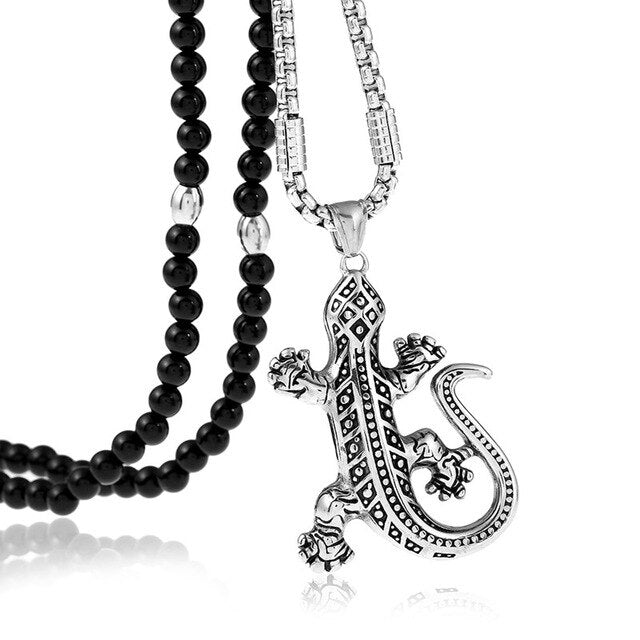 Gecko Eidechse Edelstahl Anhänger Mit Schwarzer Natursteinkette